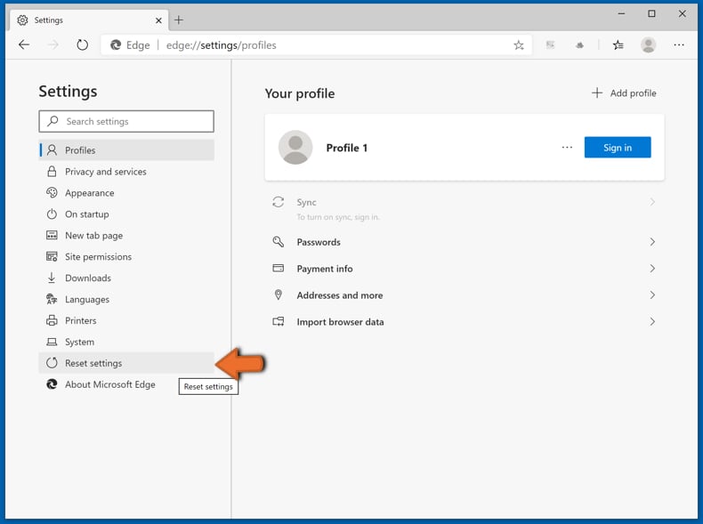 Microsoft Edge (Chromium) Redefinir Passo 2