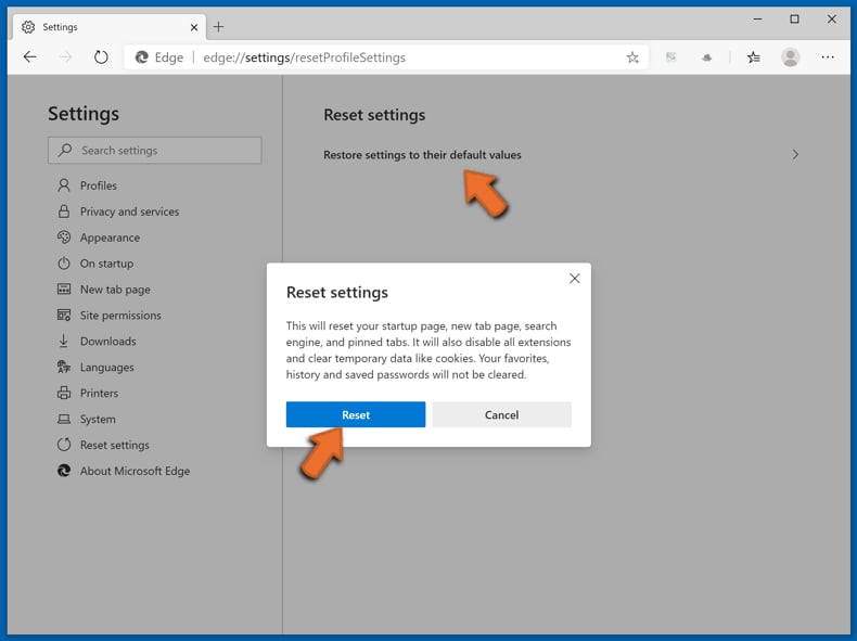 Microsoft Edge (Chromium) reset step 3
