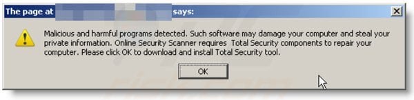 Falske pop-up brukt i rogue antivirus distribusjon eksempel 1