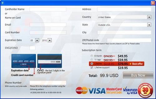 example of a webpage used to collect payments for fake antivirus programs
