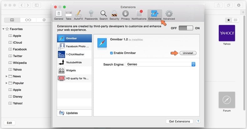 eliminar secuestrador de navegador de safari paso 2: eliminar extensiones