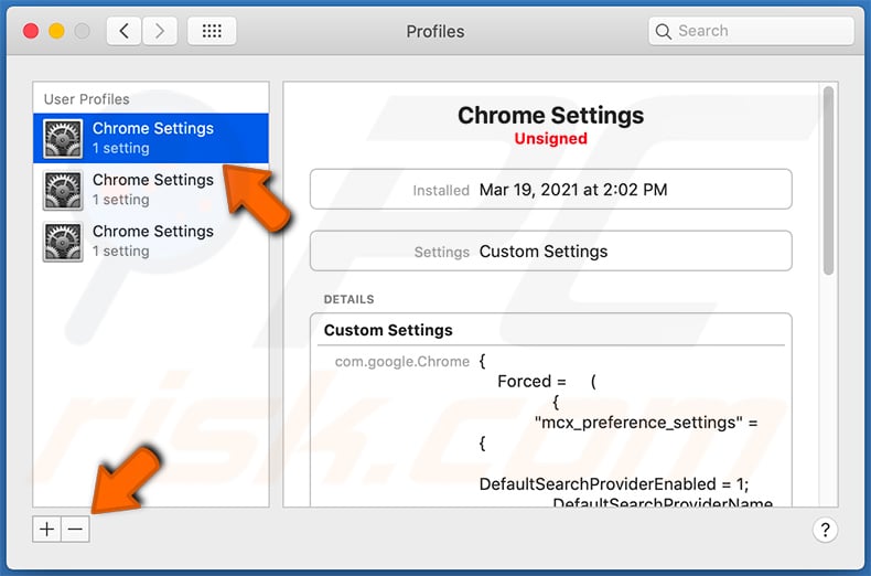 Remove malicious profiles added by CharacterVirtualSearch (step 2)