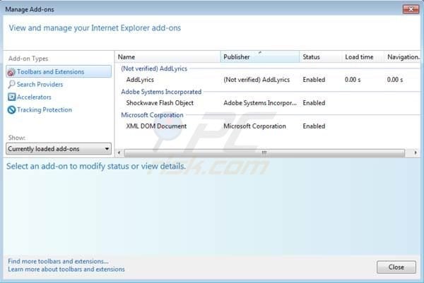 remove AddLyrics adware from Internet Explorer