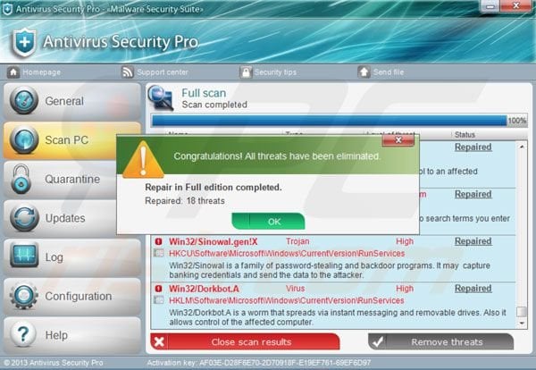  Antivirus Security Pro après avoir entré la clé d'activation