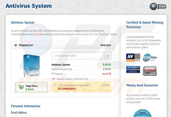 Antivirus System payment screen