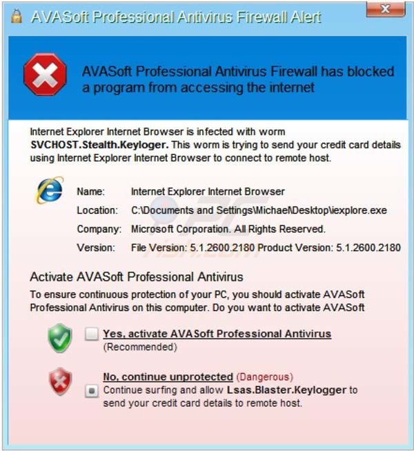 Fake AVASoft Professional Antivirus firewall alert