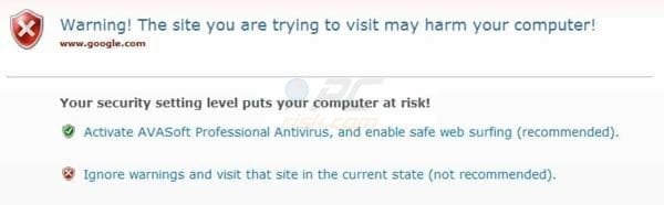 Fake AVASoft Professional Antivirus warning message blocking access to Internet browsers 