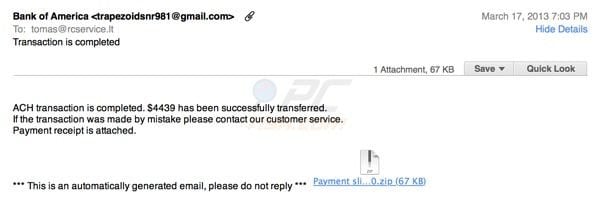 Bank of America fake ACH transfer