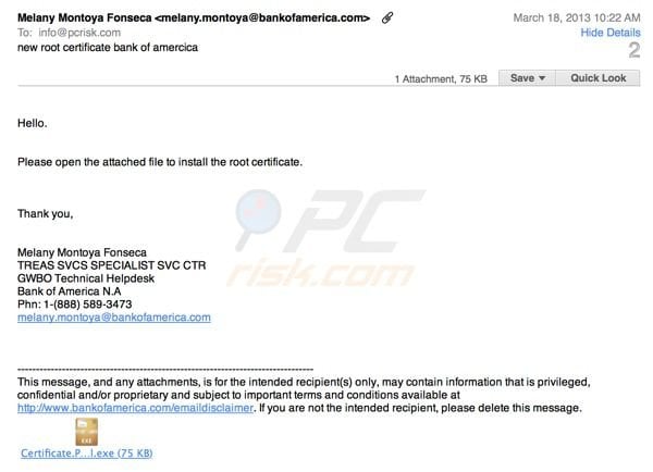 Bank of America infected email message