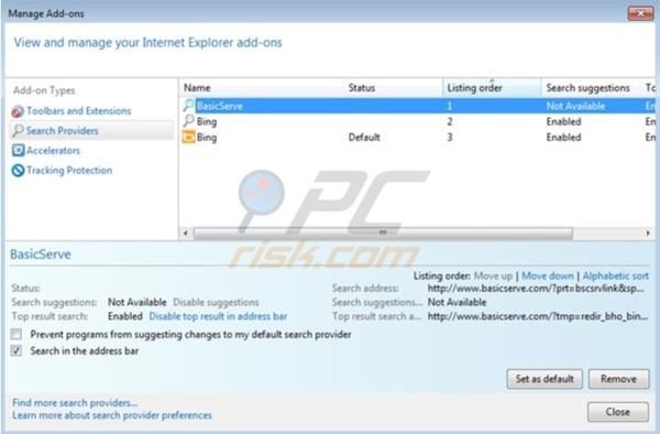 BasicSeek.com browser hijacker removal from Internet Explorer