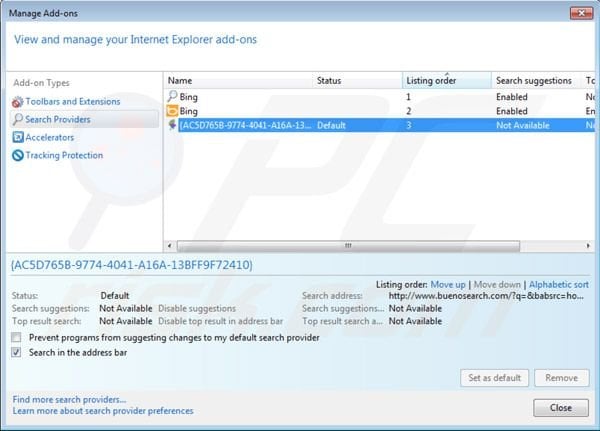 BuenoSearch default search engine in Internet Explorer
