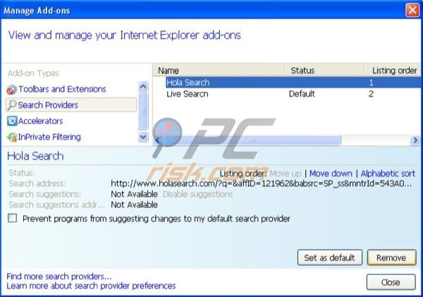 Holasearch.com removal from Internet Explorer