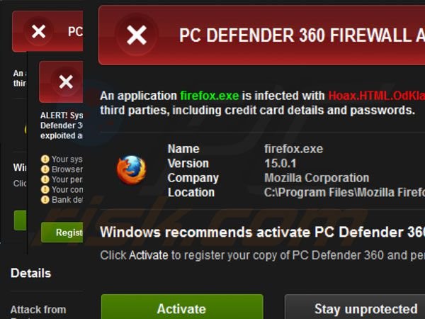 PC Defender 360 generated fake security warning pop-up messages