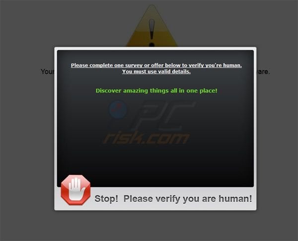 STOP! Please verify you are human - rogue message leading to online survery scams