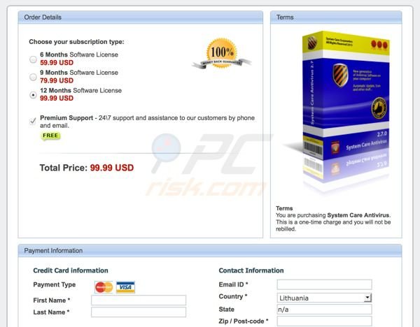 System Care Antivirus fake antivirus payment page