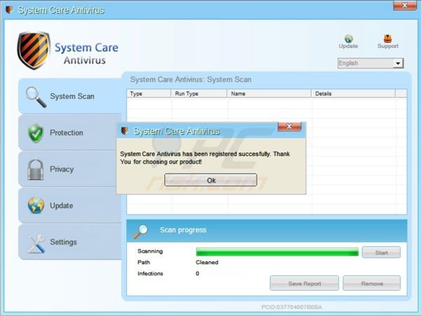 System Care Antivirus successful registration