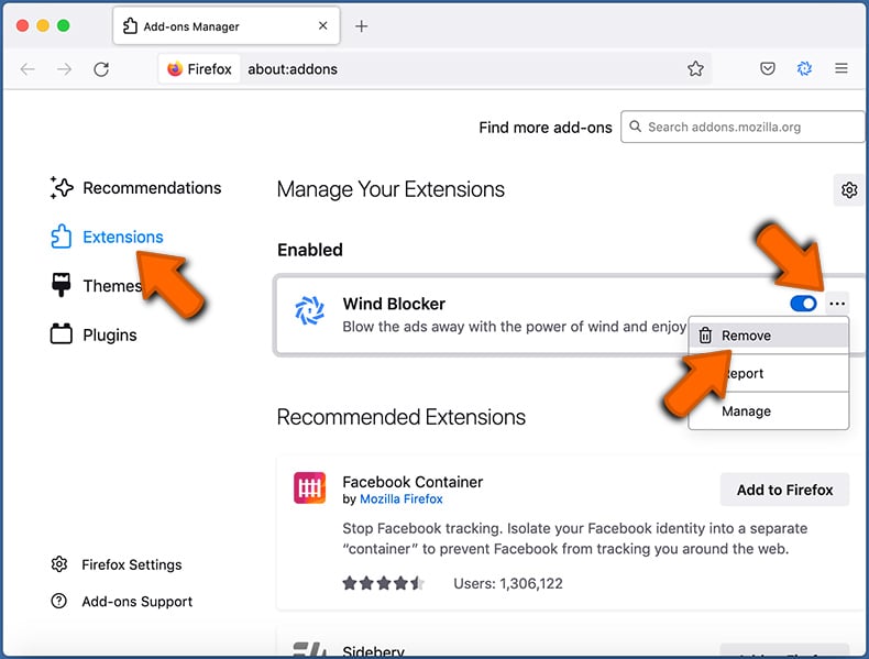 Removal of malicious extensions in Mozilla Firefox - step 2