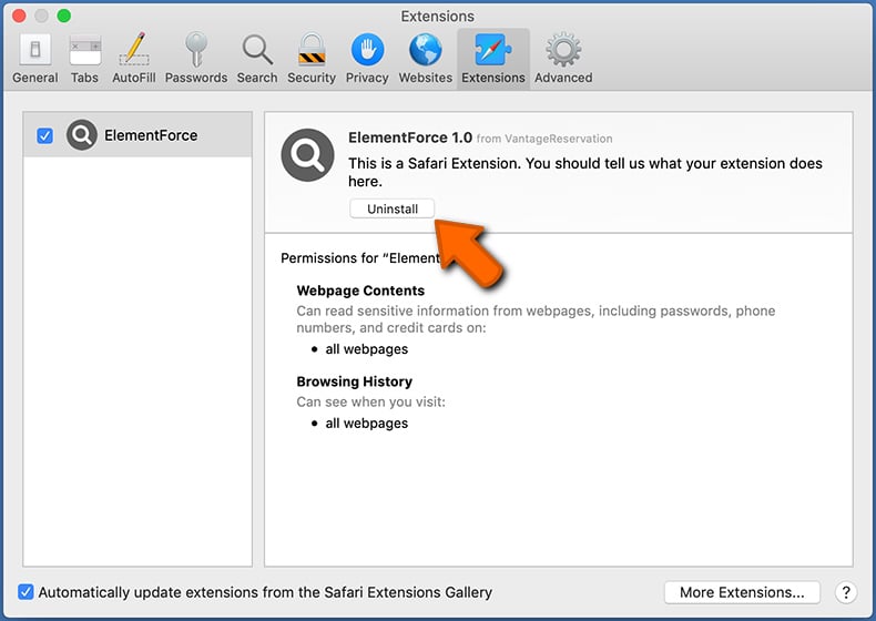 Removal of malicious extensions in Safari - step 2