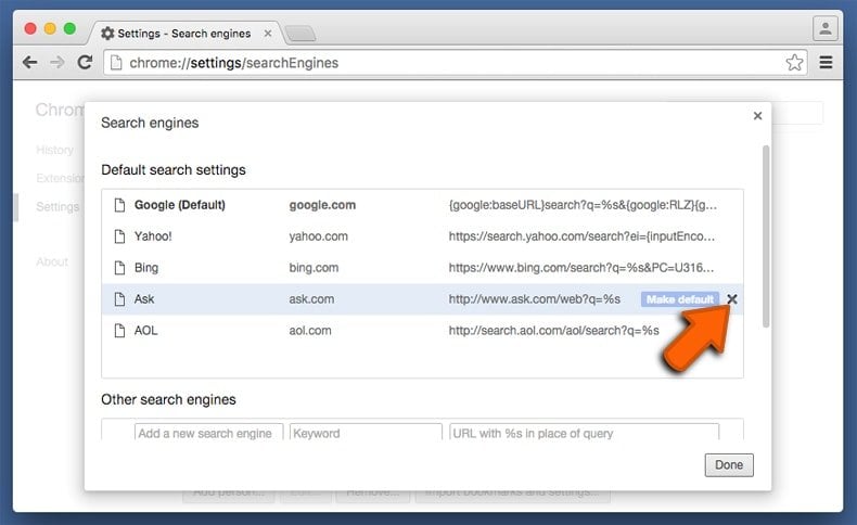 changing the default Internet search engine in Google Chrome