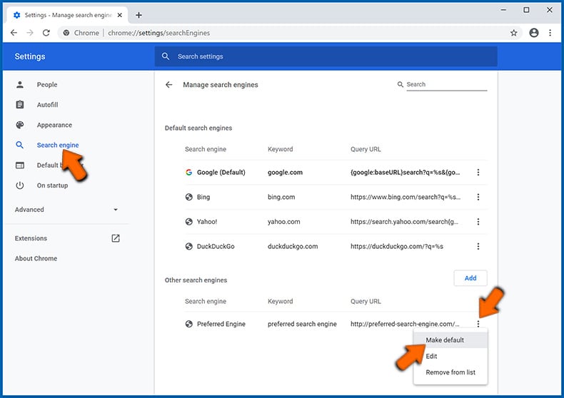 Changing the default search engine in Google Chrome