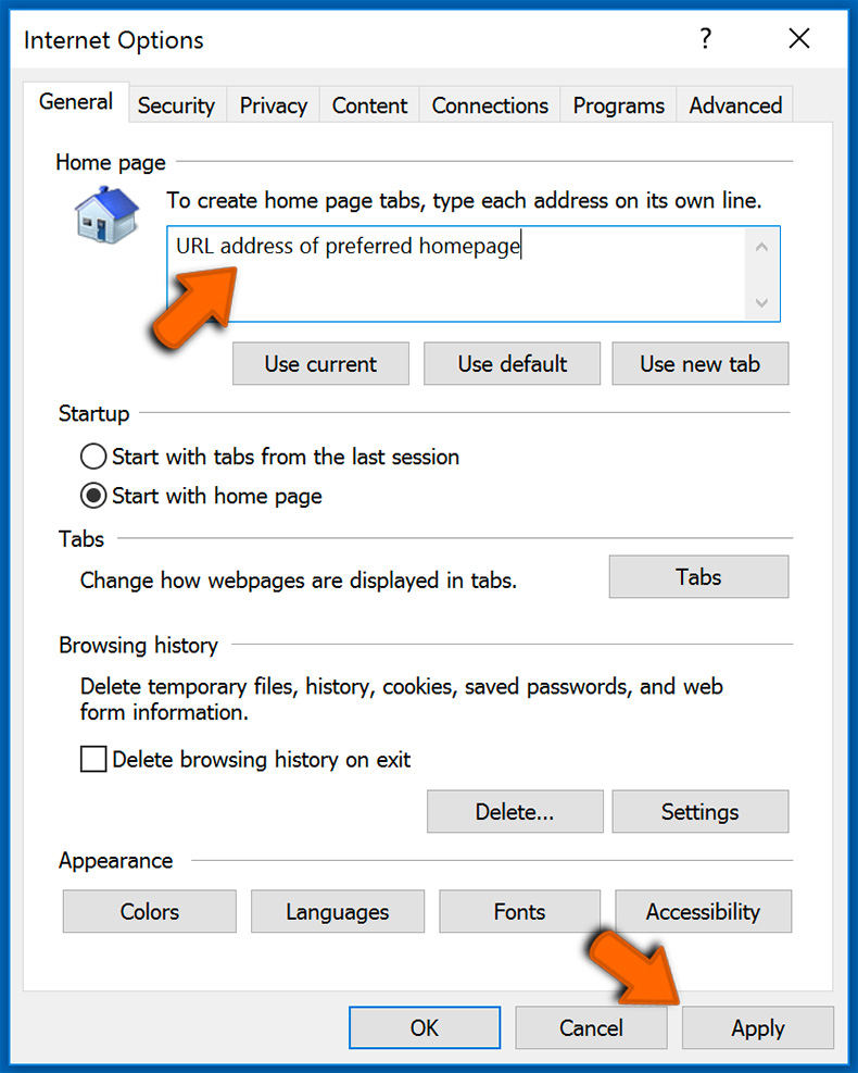 Changing the homepage URL and cleaning browsing data in Internet Explorer (step 2)