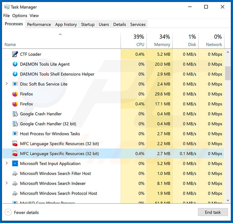 Malware process running in the Task Manager