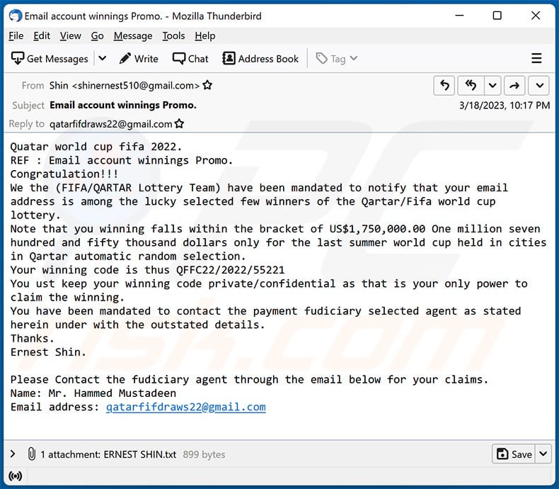 2022 FIFA Lottery Award scam email (2023-03-20)