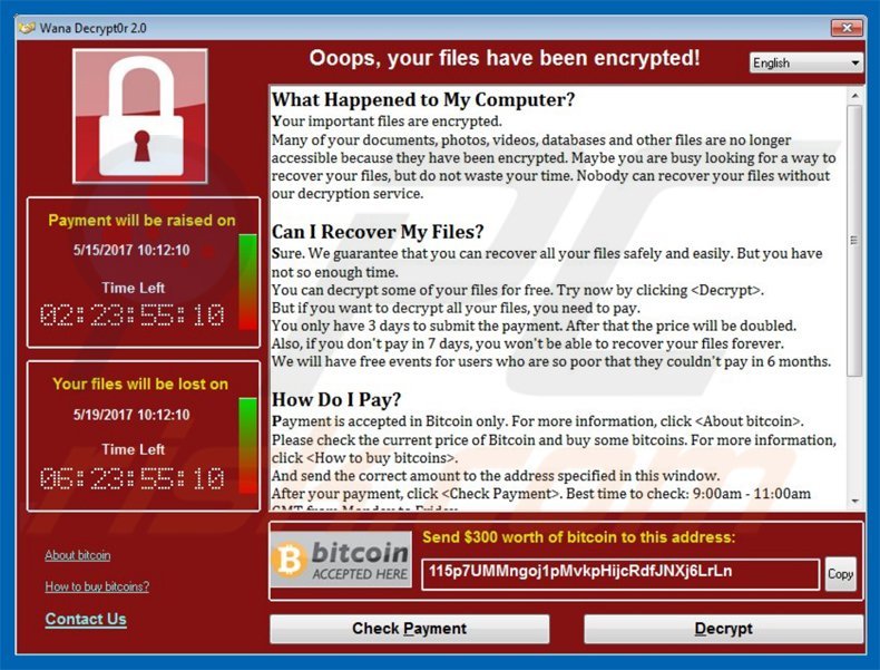 WanaCrypt0r ransomware pop-up window