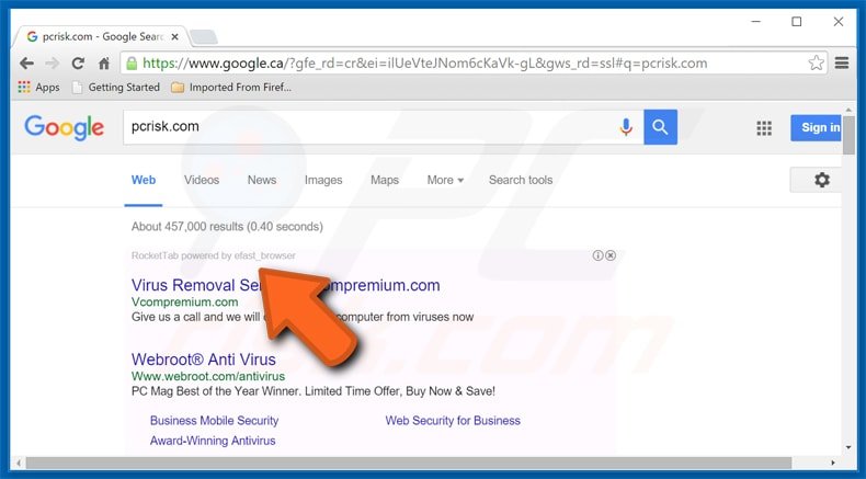 efast browser injecting ads in Google Internet search results