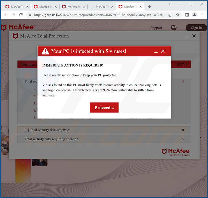 McAfee - Your PC is infected with 5 viruses! POP-UP Scam - Removal