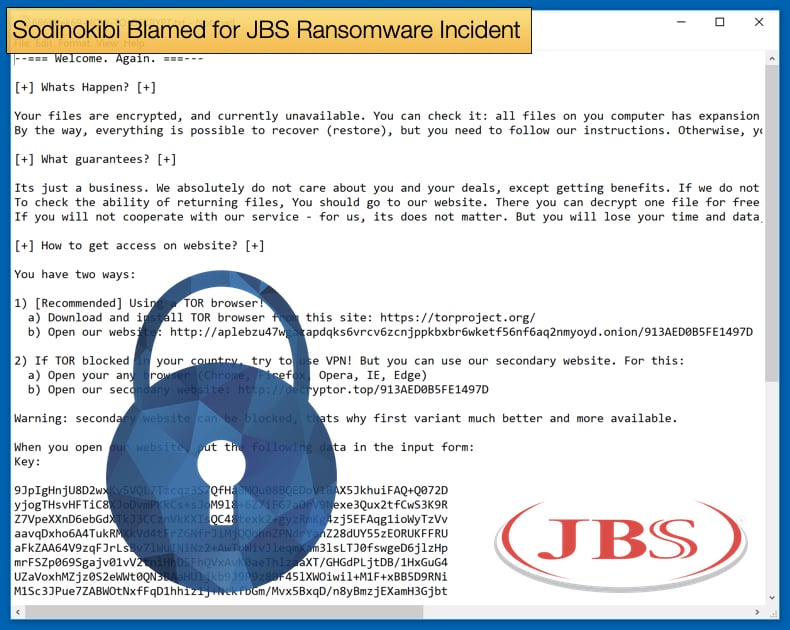 sodinokibi blamed for jbs ransomware incident