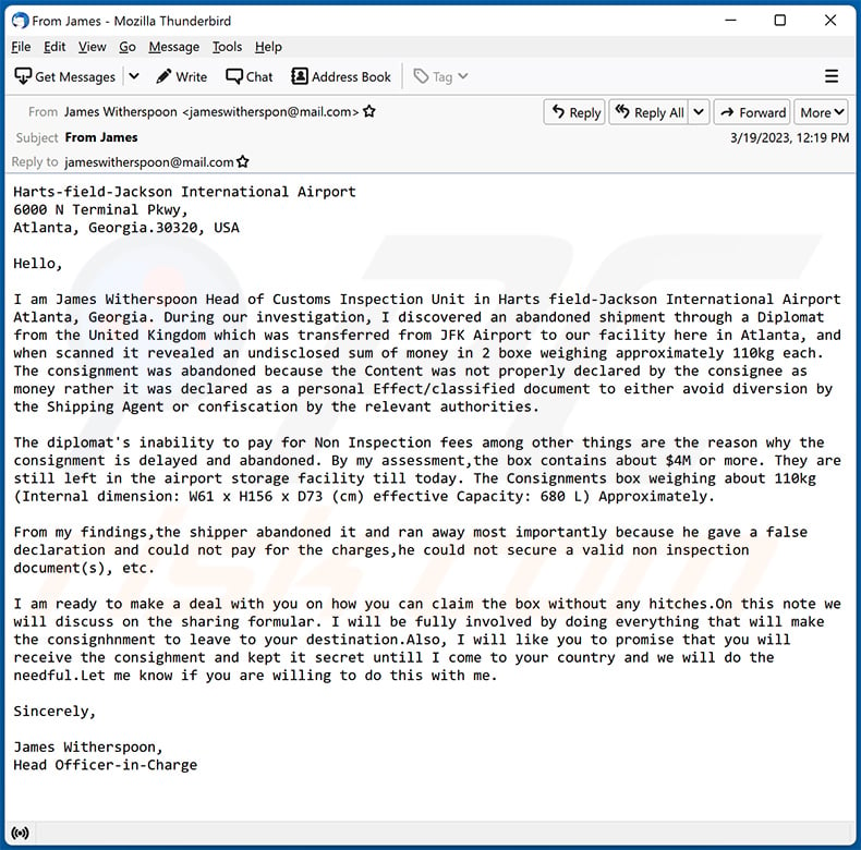 Abandoned Shipment email scam (2023-03-20)