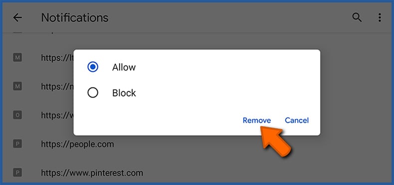 Disable web browser notifications in Google Chrome - Android (step 2)