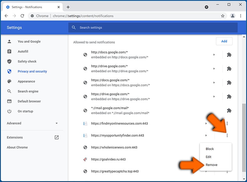 Disable web browser notifications in Google Chrome (step 2)