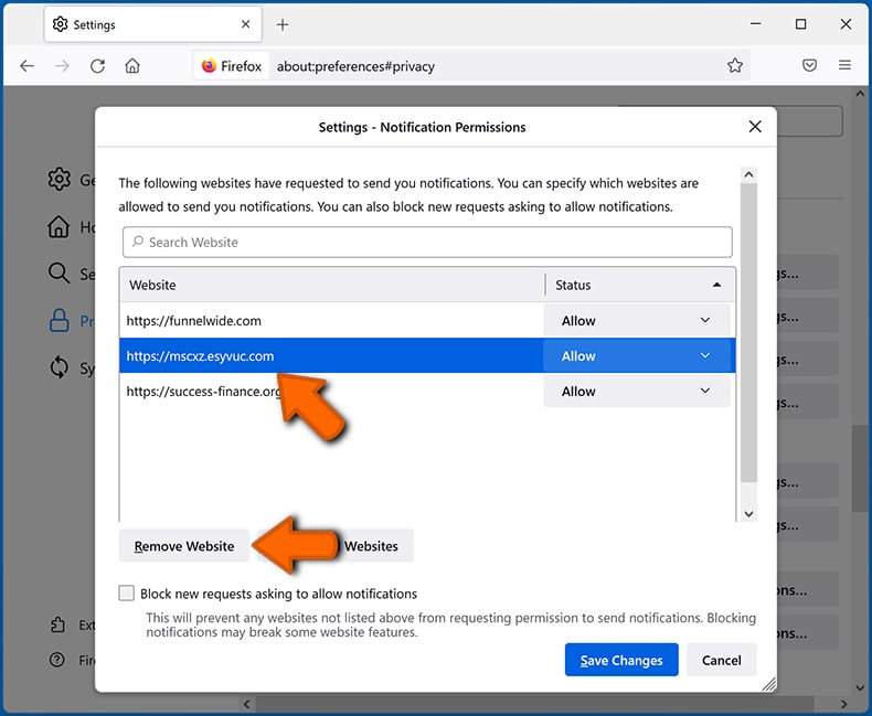 Disable web browser notifications in Mozilla Firefox (step 2)