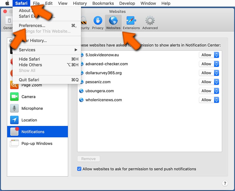 Disable web browser notifications in Safari - macOS (step 1)