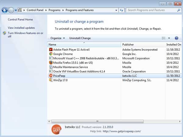 pricepeep uninstall