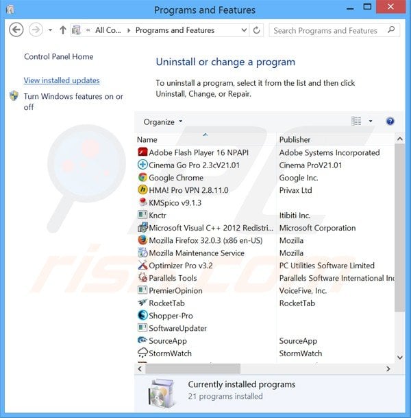 Privacy Safeguard adware uninstall via Control Panel