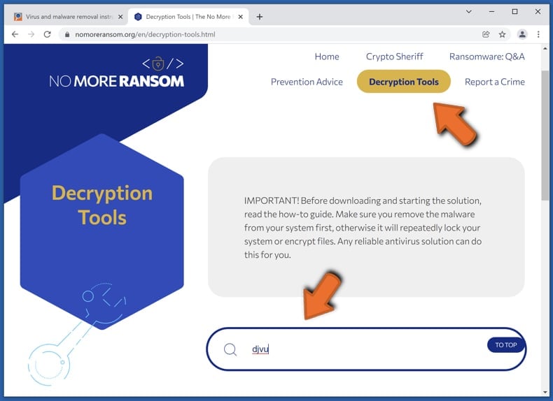 Searching for ransomware decryption tools in nomoreransom.org website