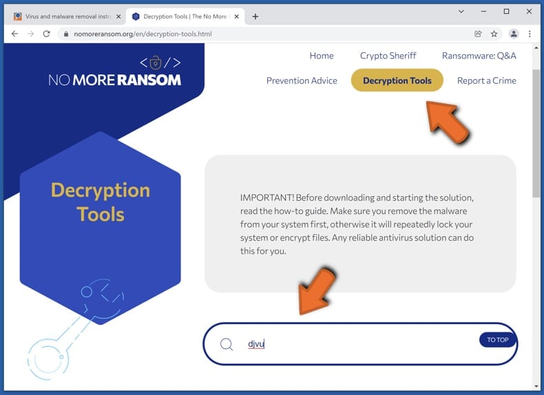 でランサムウェア復号化ツールを検索するnomoreransom.org ウェブサイト