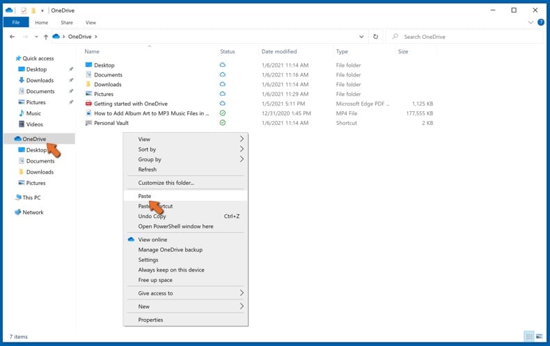 Paste the copied file in the OneDrive folder to create a backup
