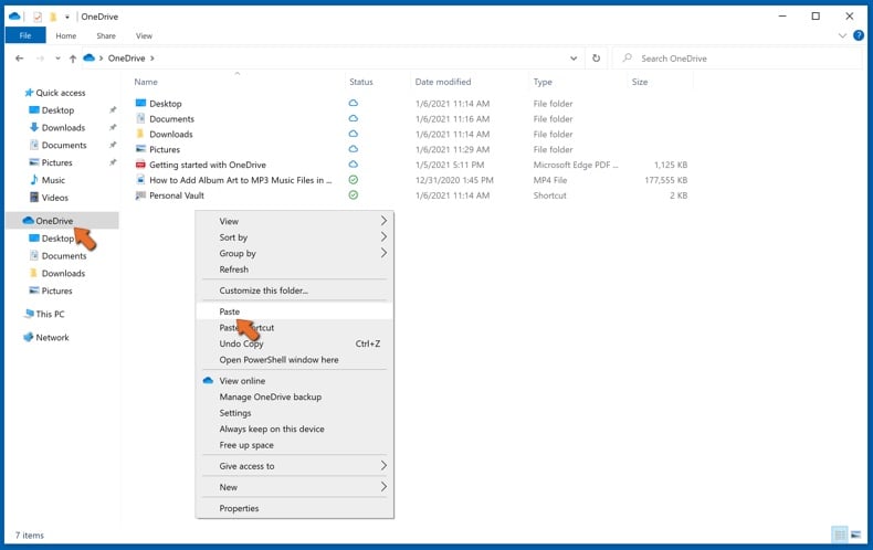 plak het gekopieerde bestand in de map OneDrive om een back-up te maken