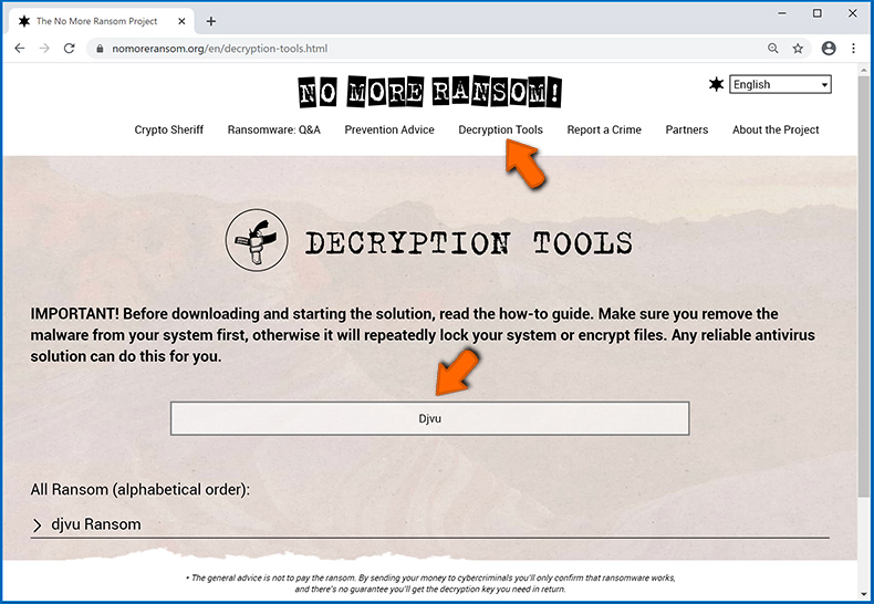 Searching for ransomware decryption tools in nomoreransom.org website