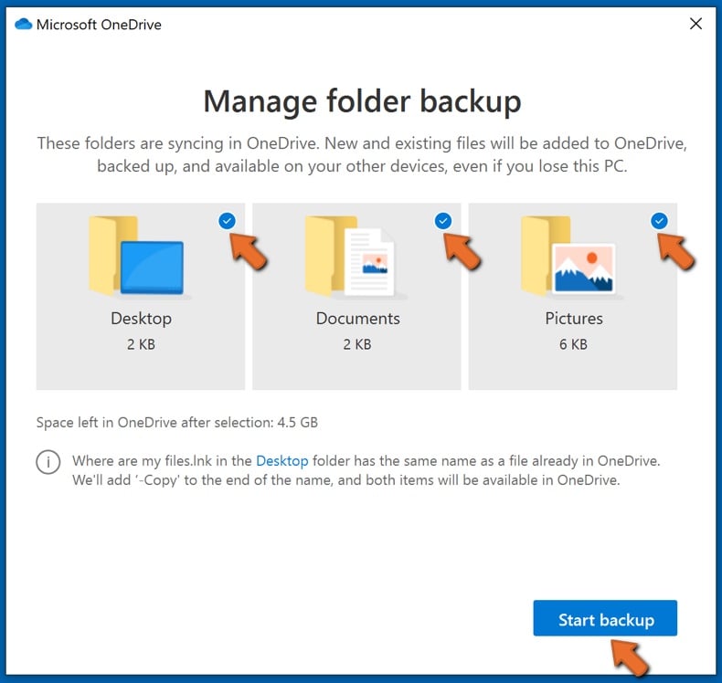 selectați folderele pentru backup și faceți clic pe Start backup