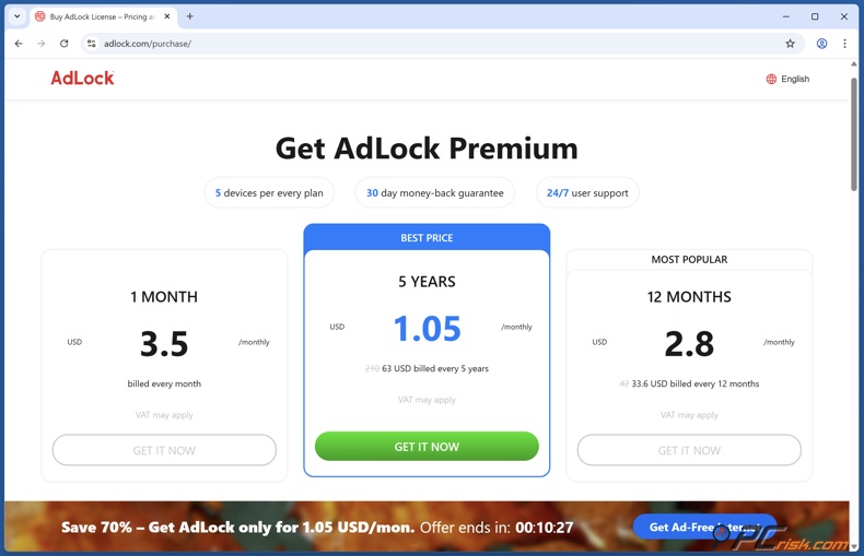 AdLock pricing page