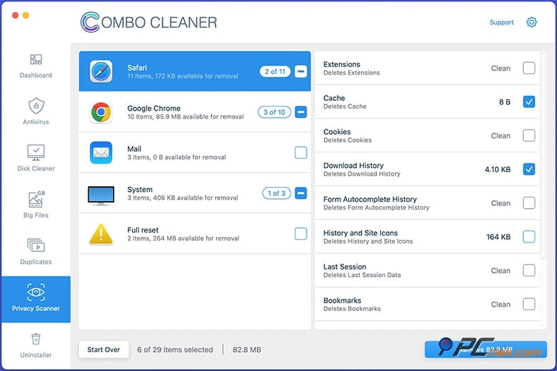 Combo Cleaner privacy scanner feature on macOS