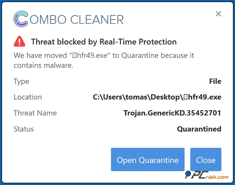 Combo Cleaner real-time protection alert example