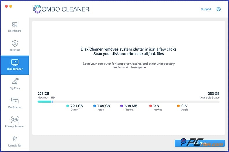 Combo Cleaner disk cleaner feature on macOS