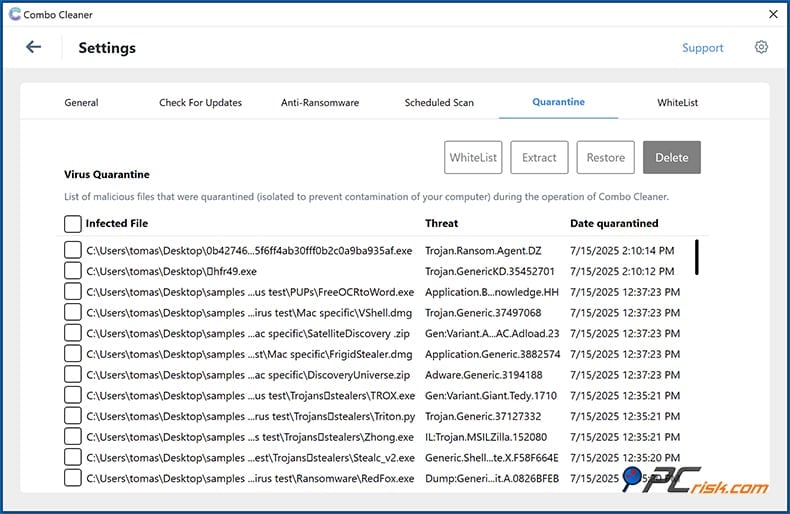 Combo Cleaner quarantine window