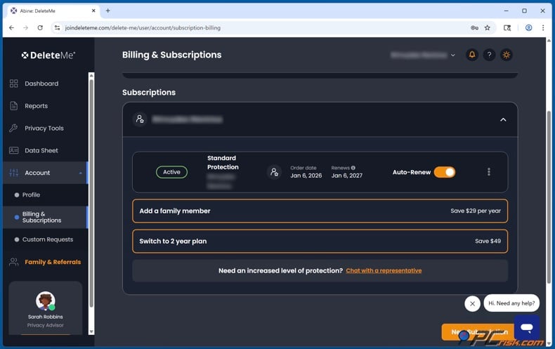 DeleteMe account billing and accounts